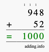 Calculate 948 + 52 using long addition
