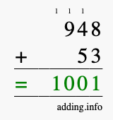 Calculate 948 + 53 using long addition