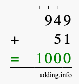 Calculate 949 + 51 using long addition