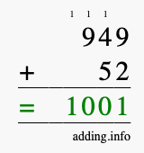Calculate 949 + 52 using long addition