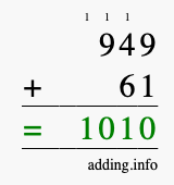 Calculate 949 + 61 using long addition