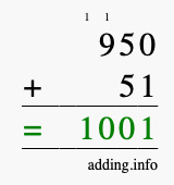 Calculate 950 + 51 using long addition