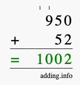 Calculate 950 + 52 using long addition