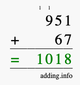 Calculate 951 + 67 using long addition