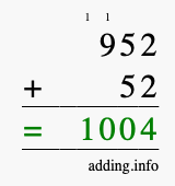 Calculate 952 + 52 using long addition