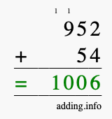 Calculate 952 + 54 using long addition