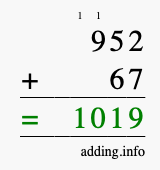 Calculate 952 + 67 using long addition