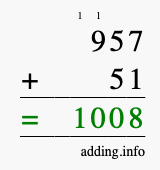 Calculate 957 + 51 using long addition