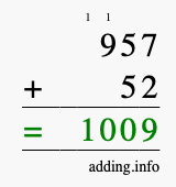 Calculate 957 + 52 using long addition