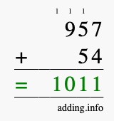 Calculate 957 + 54 using long addition