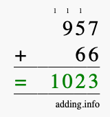 Calculate 957 + 66 using long addition