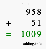 Calculate 958 + 51 using long addition