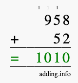 Calculate 958 + 52 using long addition