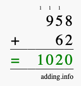 Calculate 958 + 62 using long addition