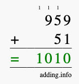 Calculate 959 + 51 using long addition