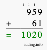 Calculate 959 + 61 using long addition