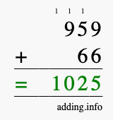 Calculate 959 + 66 using long addition