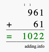 Calculate 961 + 61 using long addition