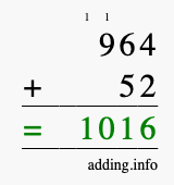 Calculate 964 + 52 using long addition
