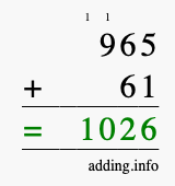 Calculate 965 + 61 using long addition