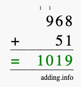Calculate 968 + 51 using long addition