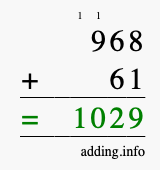 Calculate 968 + 61 using long addition