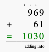 Calculate 969 + 61 using long addition