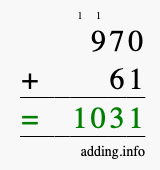 Calculate 970 + 61 using long addition