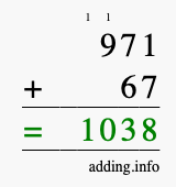 Calculate 971 + 67 using long addition