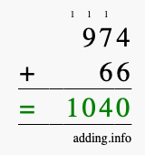 Calculate 974 + 66 using long addition