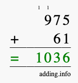 Calculate 975 + 61 using long addition