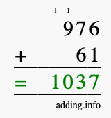 Calculate 976 + 61 using long addition