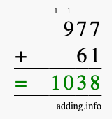 Calculate 977 + 61 using long addition