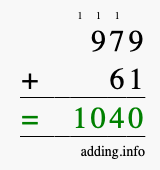 Calculate 979 + 61 using long addition