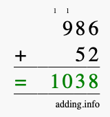 Calculate 986 + 52 using long addition