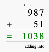 Calculate 987 + 51 using long addition