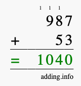 Calculate 987 + 53 using long addition