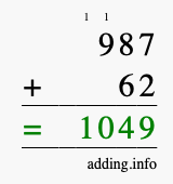 Calculate 987 + 62 using long addition