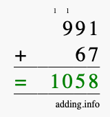 Calculate 991 + 67 using long addition