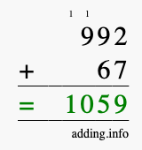 Calculate 992 + 67 using long addition