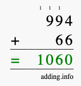 Calculate 994 + 66 using long addition