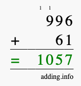 Calculate 996 + 61 using long addition
