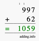 Calculate 997 + 62 using long addition