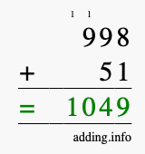 Calculate 998 + 51 using long addition