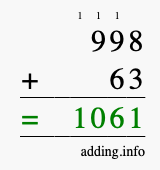 Calculate 998 + 63 using long addition