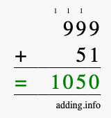 Calculate 999 + 51 using long addition