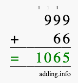 Calculate 999 + 66 using long addition