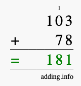 Calculate 103 + 78 using long addition