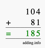 Calculate 104 + 81 using long addition
