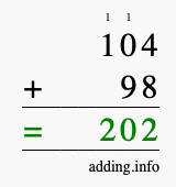 Calculate 104 + 98 using long addition